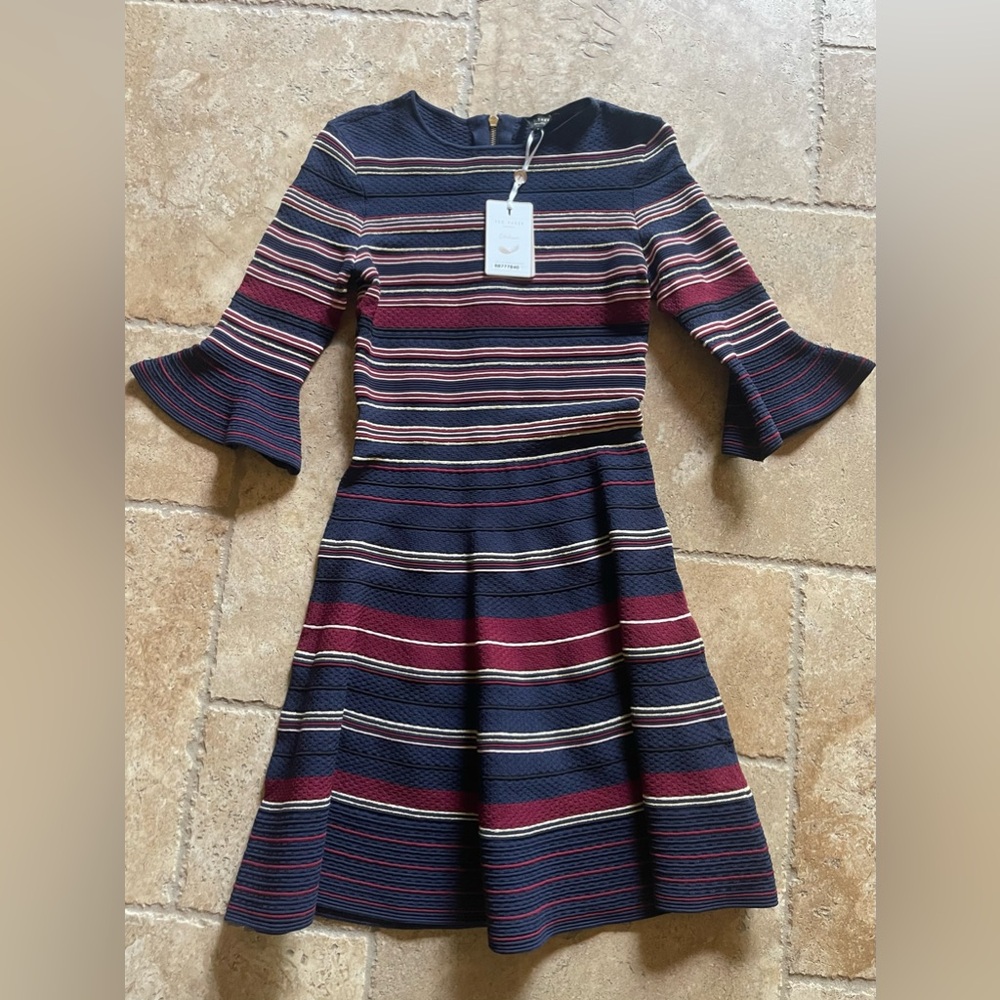 Ted Baker Tayiny Blue Red Gold striped Bell Sweater Dress NWT